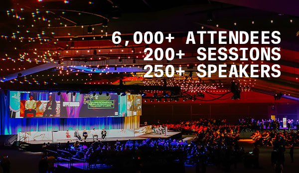 Photo of Upper Bound stage and crowd with white text overlay: "6000+ attendees, 200+ sessions, 250+ speakers"